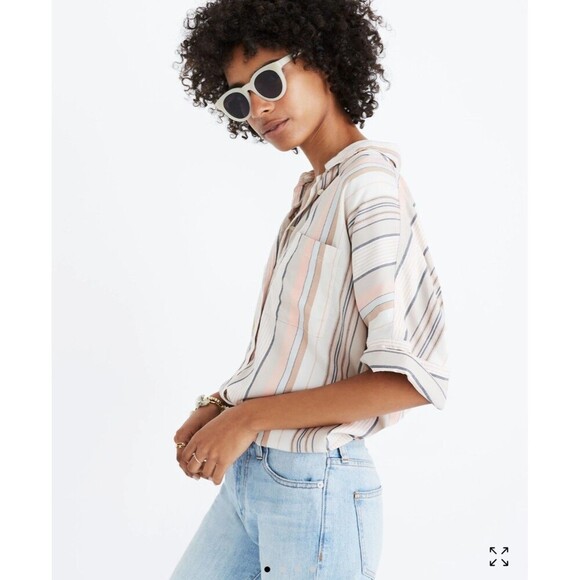 Madewell By J.crew Courier Shirt in Aldwin Stripe Size XXS Boxy Cropped Top 146 - Picture 1 of 5